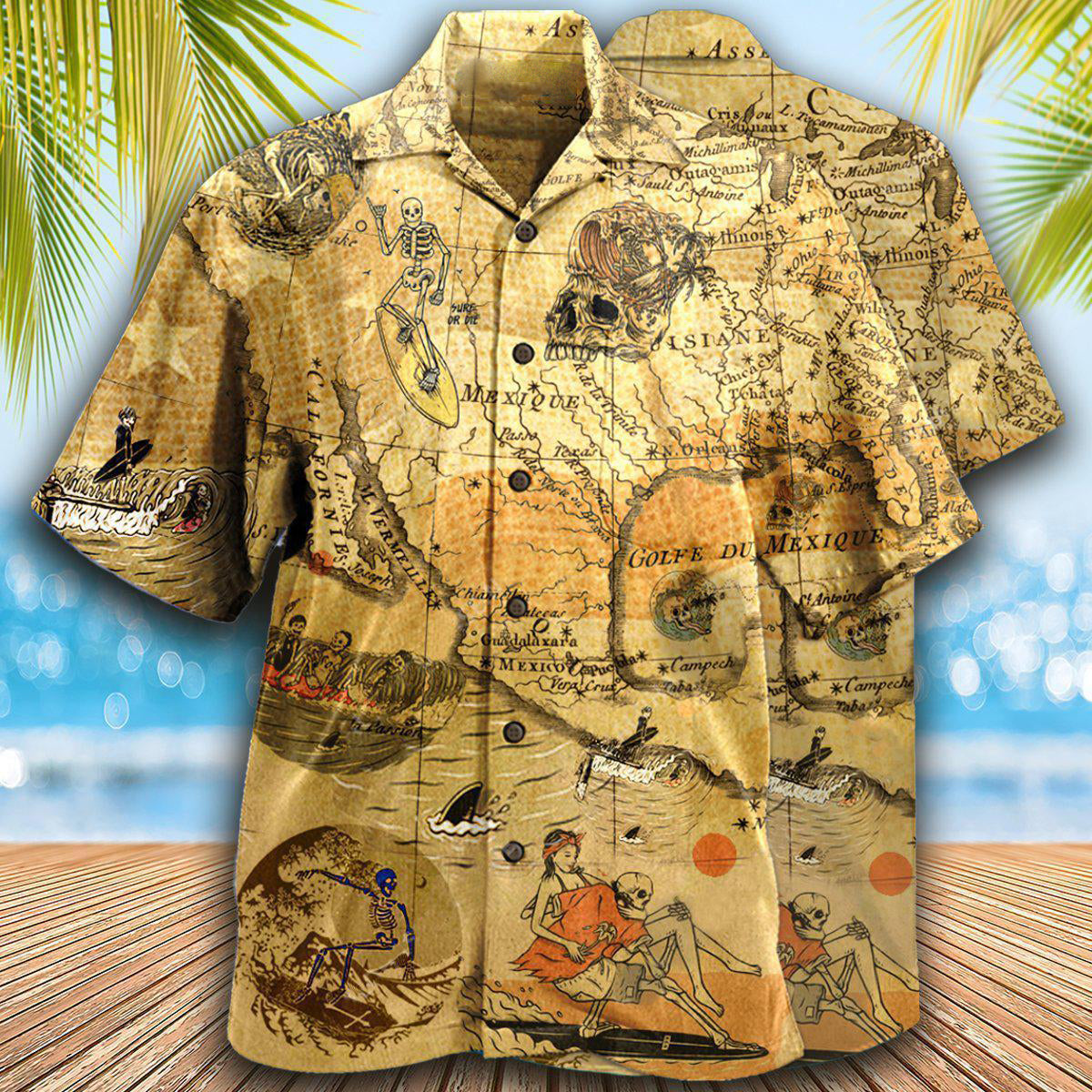 Vintage Surfing And Skull Hawaiian Shirt With All Over Print For Summer Vacation Beach Travel And Casual Wear
