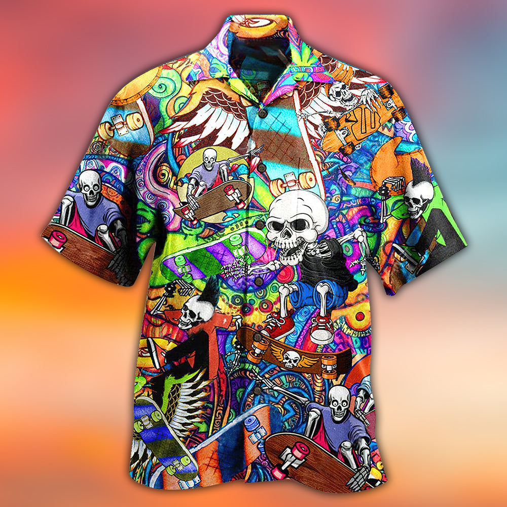Skull And Skateboarding Hawaiian Shirt With Detailed Graphic For Tropical Escapes Resort Wear And Outdoor Celebrations