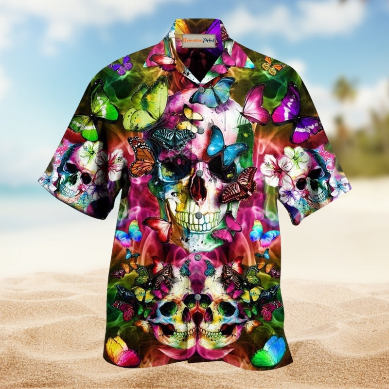 Skull Beautiful Love Butterfly Hawaiian Shirt For Summer Vacation Beach Travel And Relaxed Casual Wear