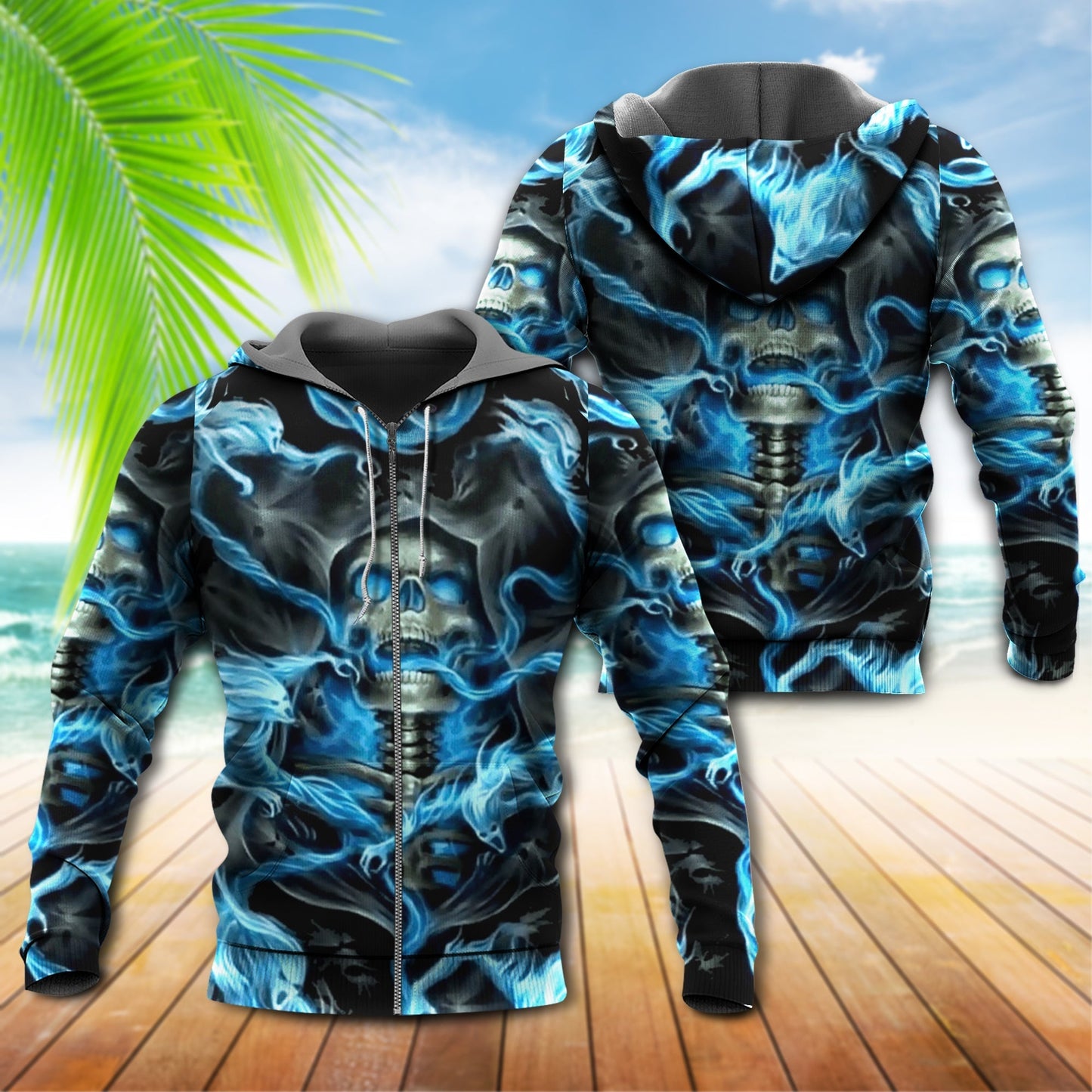 Black Blue Skull Hoodie For Dark Themed Outfits Outdoor Trips And Casual Comfort
