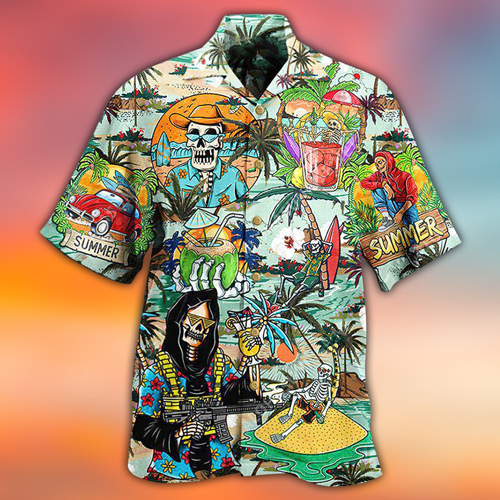 Summer Skull And Tropical Beach Hawaiian Shirt With Detailed Graphic For Coastal Trips Outdoor Events And Relaxed Summer Wear