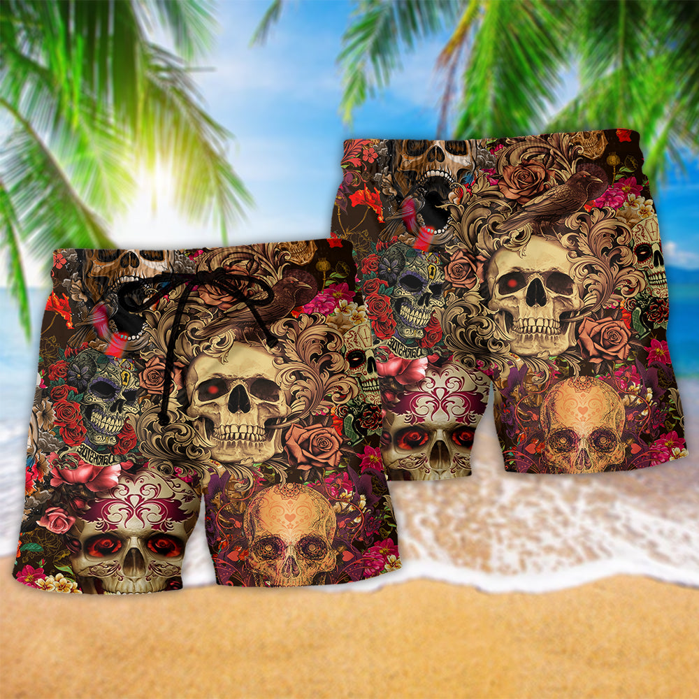 Skull Day Of The Dead Floral Hawaiian Print Beach Shorts For Tropical Vacation Wear