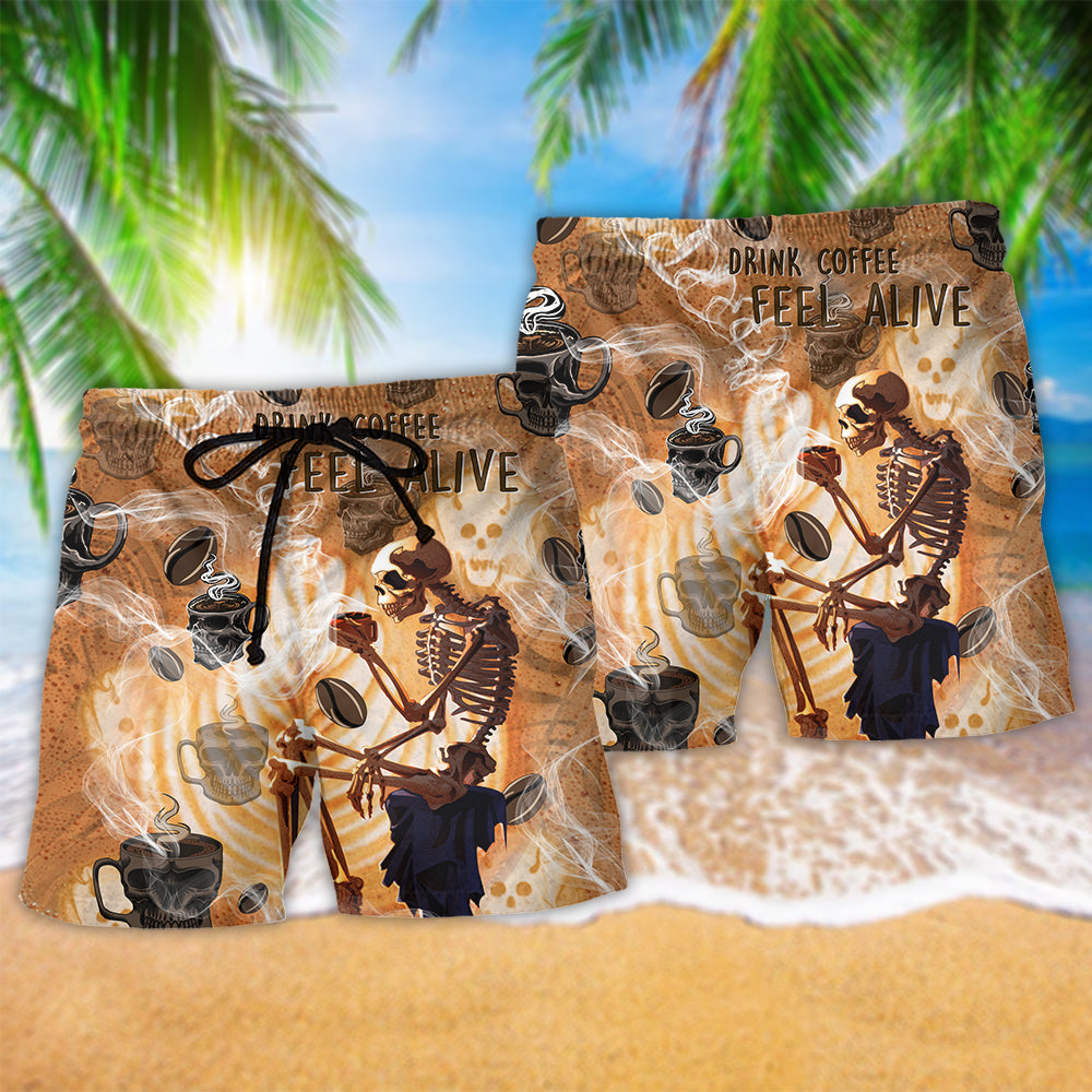 Skull Coffee Feel Alive Beach Shorts Pattern Detail For Seaside Leisure And Distinctive Seasonal Style