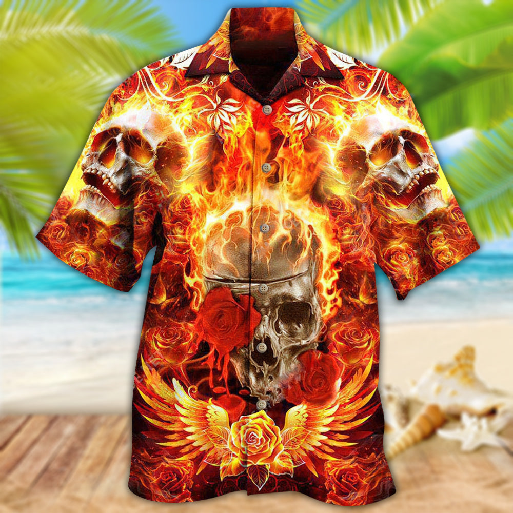 Rose Flame Skull Hawaiian Shirt With Detailed Graphic For Tropical Travel Beach Gatherings And Comfortable Wear