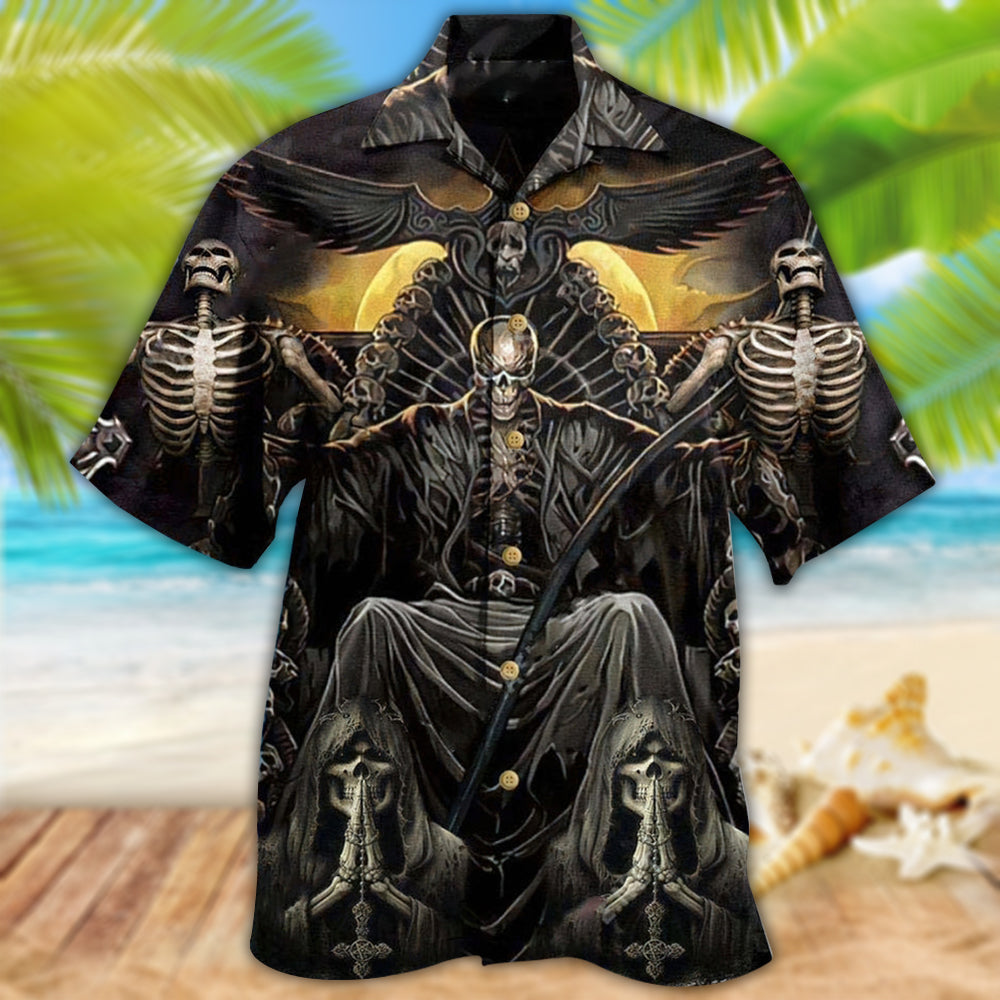 Dark Grim Reaper Skull Hawaiian Shirt With Detailed Graphic For Beach Vacations Casual Parties And Warm Weather Style