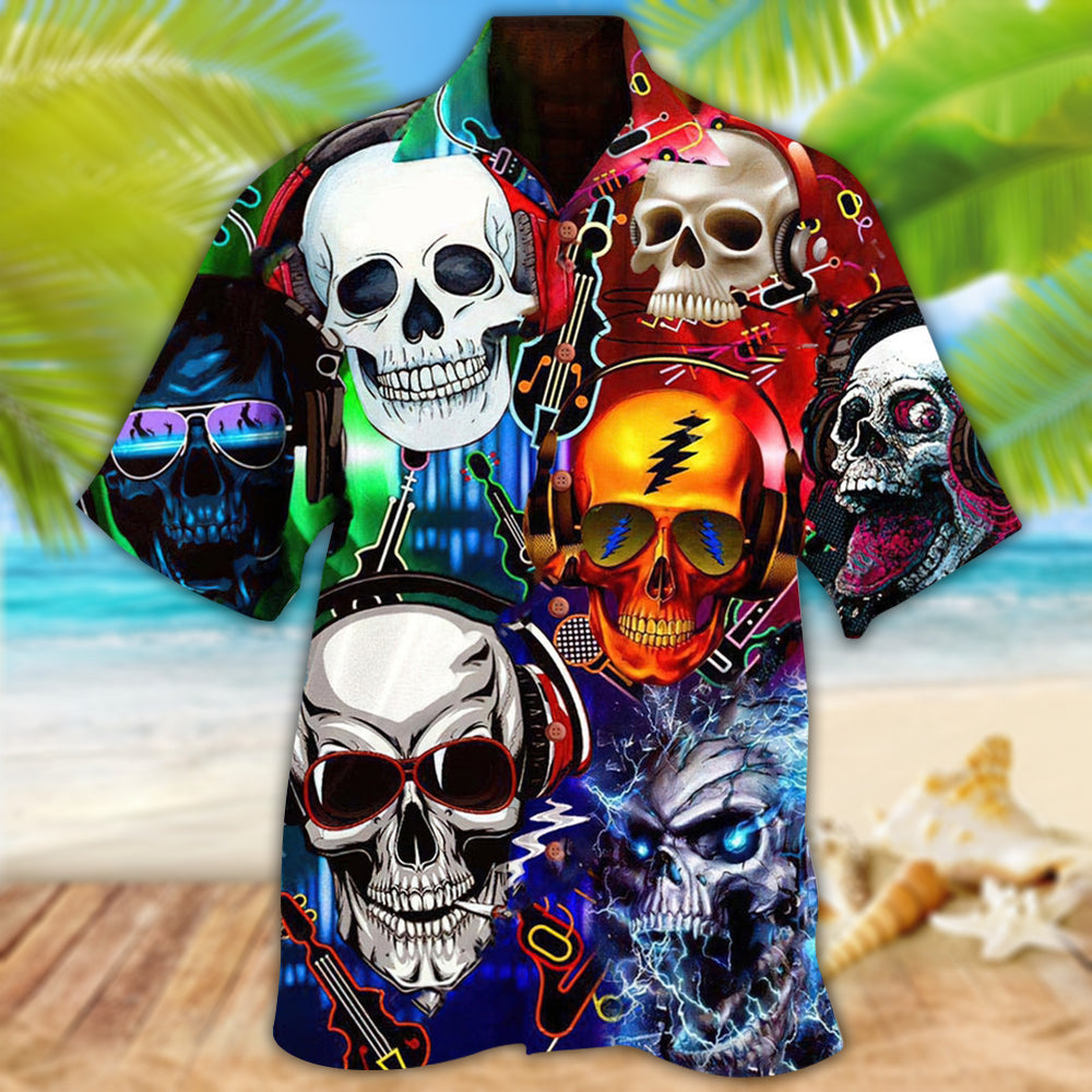 Skull And Guitar Hawaiian Shirt With Detailed Graphic For Summer Events Coastal Travel And Comfortable Styling
