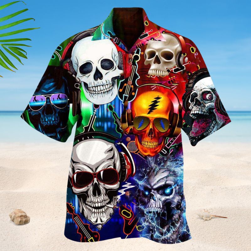 Skull Guitar Rock Hawaiian Shirt For Vacation Adventures Beach Events And Relaxed Warm Weather Style