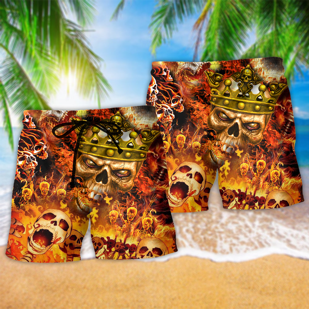 Flaming Skull King Fierce Beach Shorts Pattern Detail For Coastal Travel And Warm Weather Wardrobe