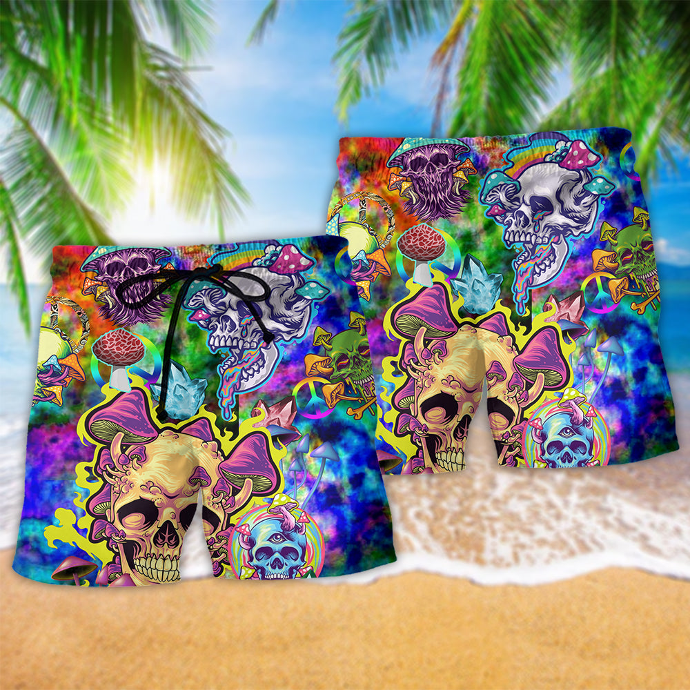 Colorful Skull Mushroom Lifestyle Beach Shorts Pattern Detail For Island Trips And Comfortable Resort Style