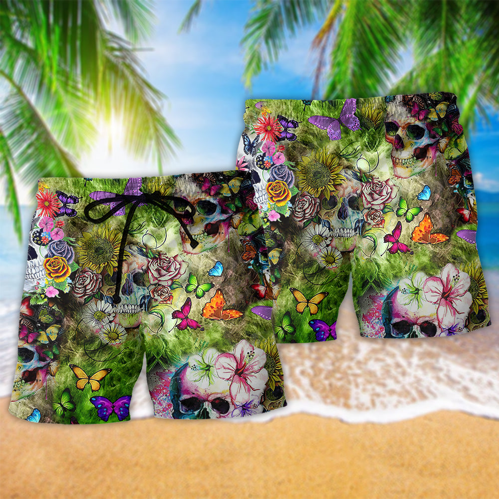 Skull Butterfly Floral Beach Shorts Pattern Detail For Seaside Leisure And Warm Weather Wardrobe