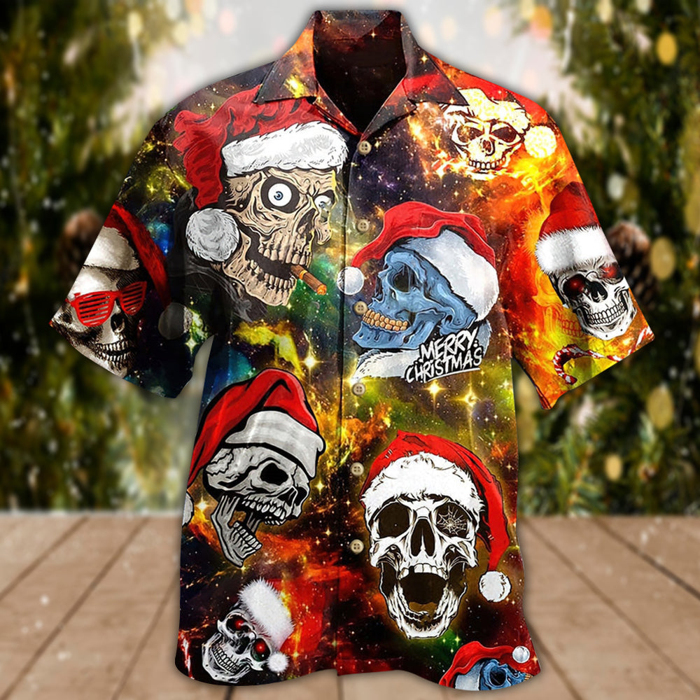 Christmas Skull Hawaiian Shirt With Detailed Graphic For Vacation Getaways Resort Wear And Casual Celebrations