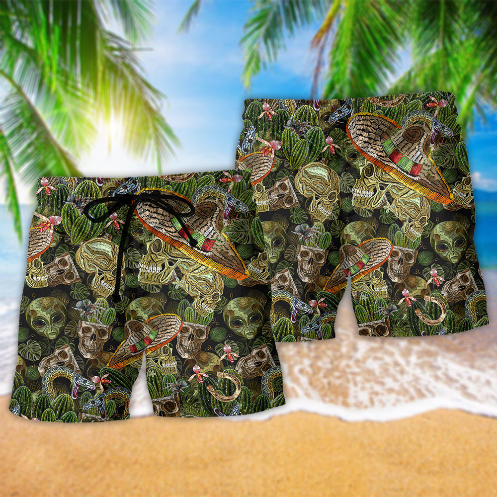 Skull Love Green Cactus Style Hawaiian Print Beach Shorts For Tropical Vacation Wear