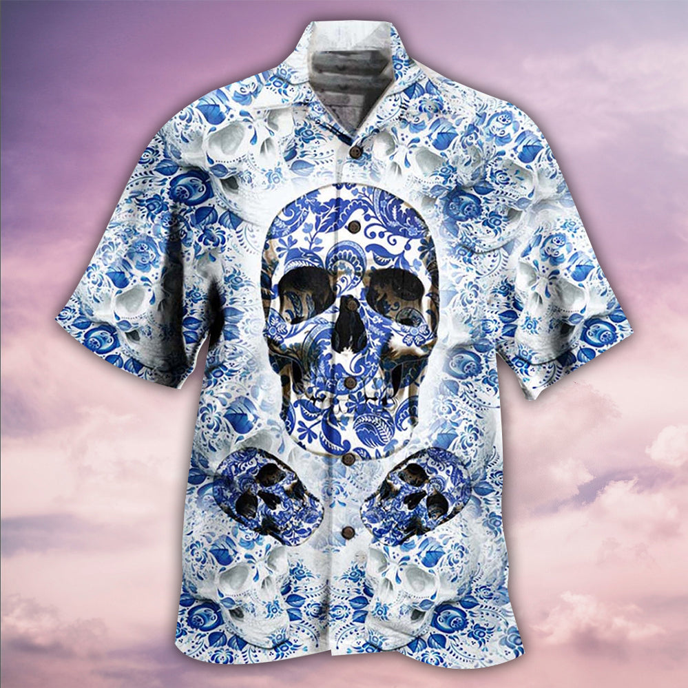 Blue Skull Hawaiian Shirt With Detailed Graphic For Vacation Getaways Resort Wear And Casual Celebrations