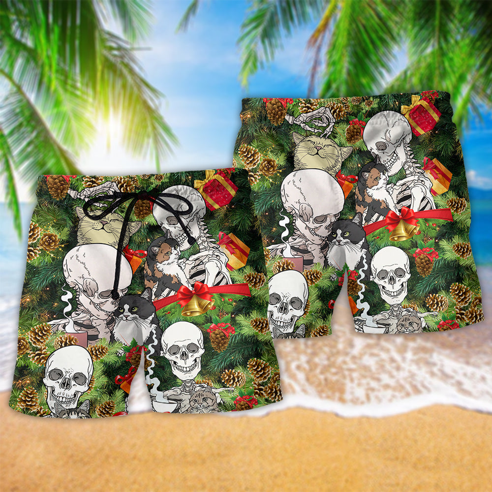 Christmas Skull Cat Beach Shorts Pattern Detail For Seaside Leisure And Vacation Ready Style