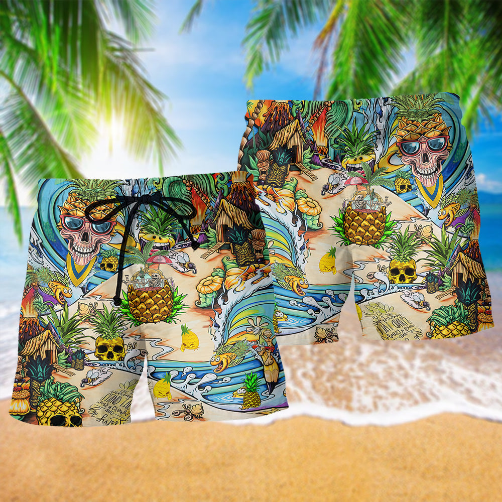Skull Pineapple Beach Shorts Pattern Detail For Outdoor Activities And Comfortable Daily Use