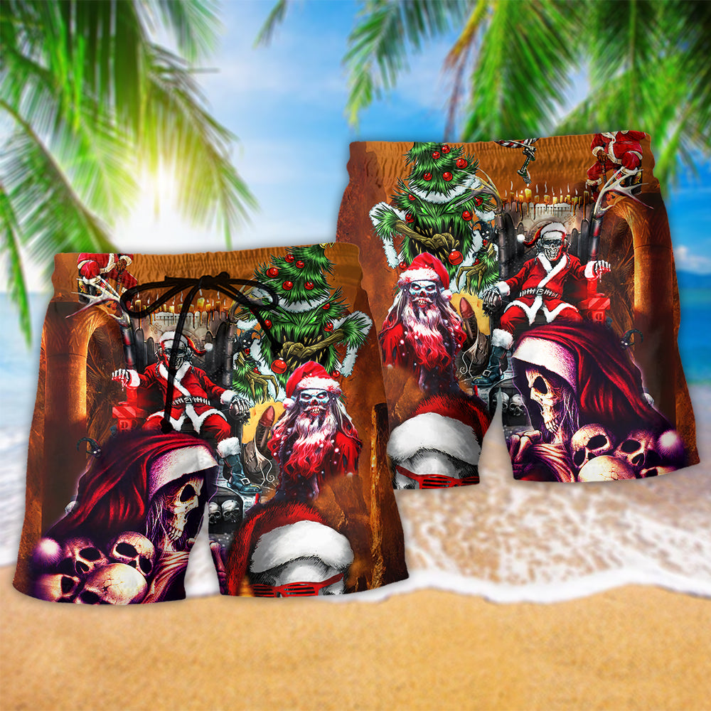 Christmas Skull Santa Holiday Beach Shorts Artwork View For Seaside Trips And Casual Style