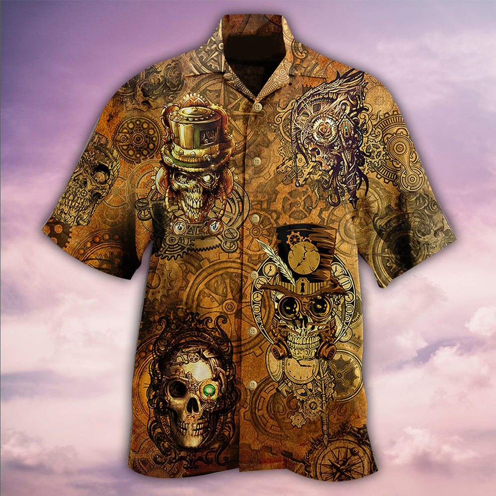 Vintage Skull Hawaiian Shirt With Detailed Graphic For Coastal Vacations Warm Weather Events And Daily Style