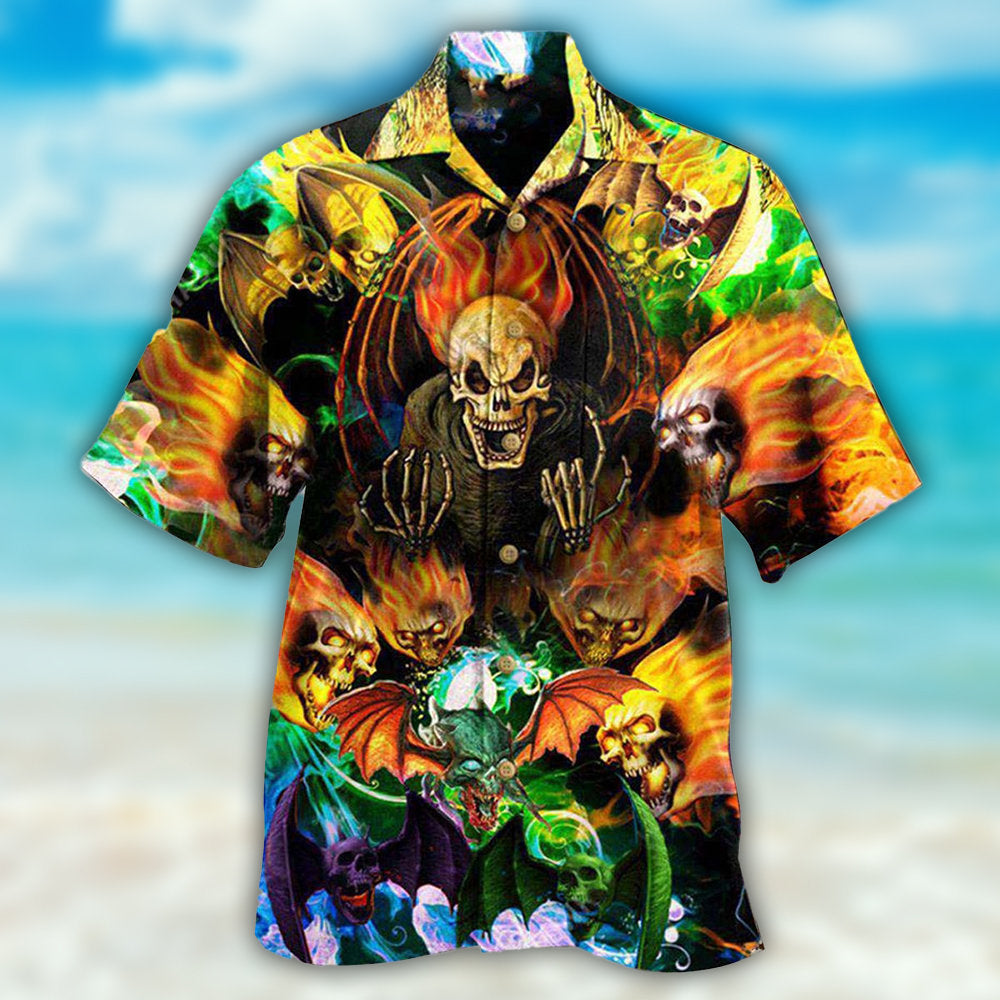 Skull And Bat Hawaiian Shirt With Detailed Graphic For Tropical Escapes Resort Wear And Outdoor Celebrations