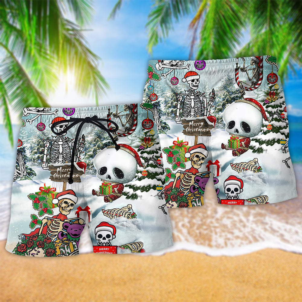 Christmas Skull Snow Holiday Beach Shorts Pattern Detail For Summer Adventures And Weekend Casual Style