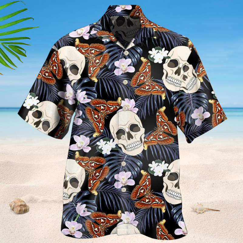 Tropical Skull Moths Hawaiian Shirt For Beach Days, Summer Outings, And Thoughtful Gift Giving