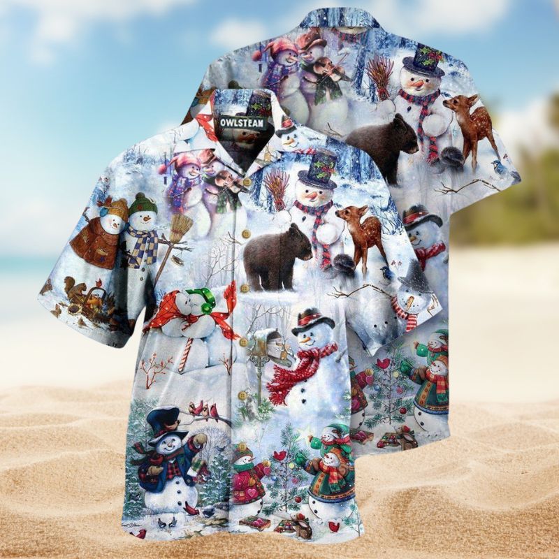Winter Snowman Changes Hawaiian Shirt For Festive Events, Island Vacations, And Comfortable Casual Outfits