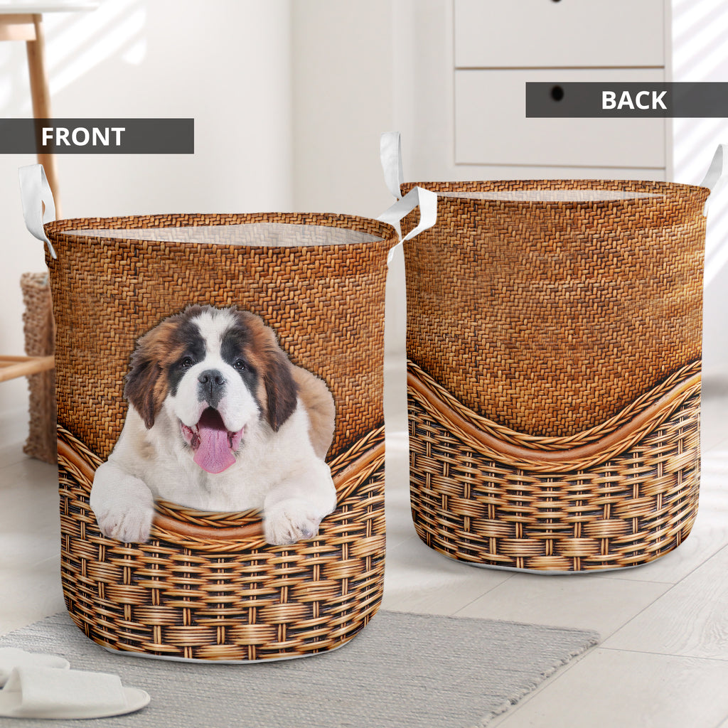 St Bernard Dog Rattan Texture Style Laundry Basket For Room Home Organizer