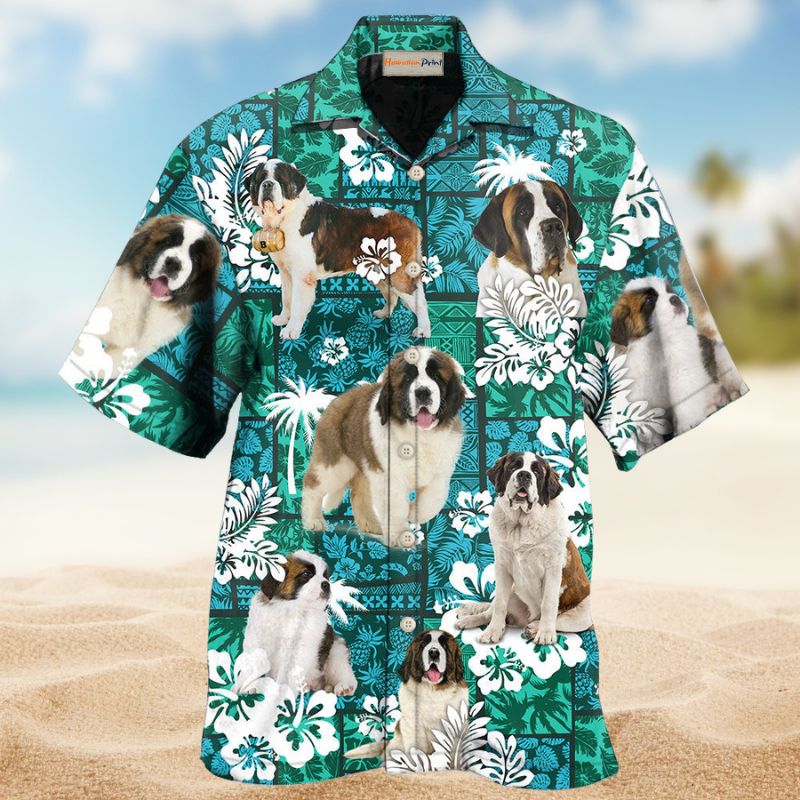 Tropical Bernard Dog Pattern Hawaiian Shirt For Island Vacations, Weekend Events, And Relaxed Everyday Outfits