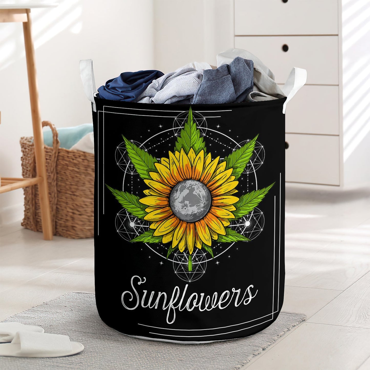 Sunflower Peace Moon Black Style Laundry Basket For Bathroom Bedroom Storage