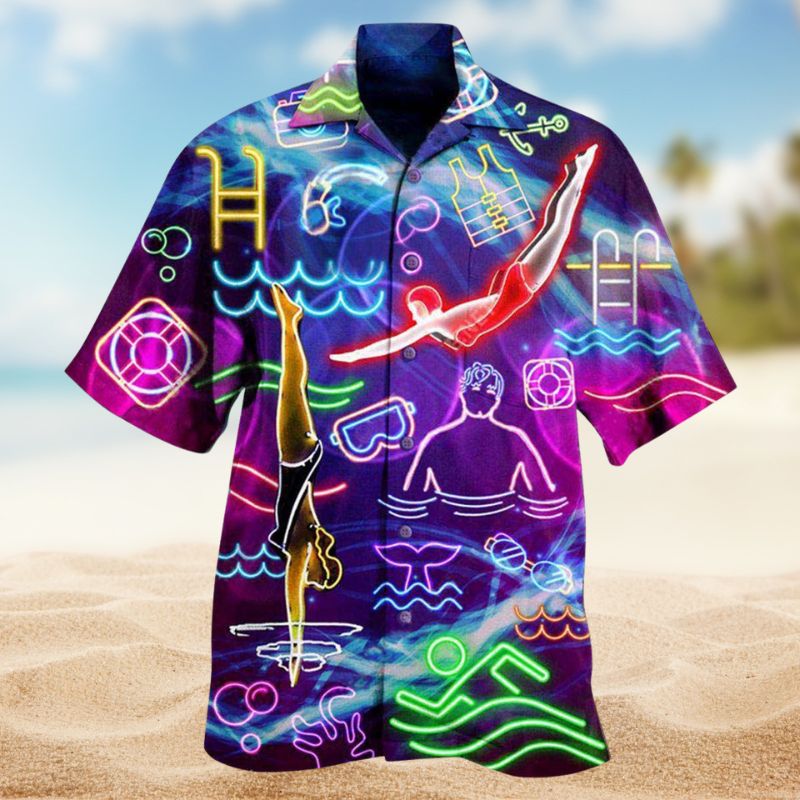 Swim Heart Hawaiian Shirt For Summer Vacation, Beach Travel, And Casual Wear