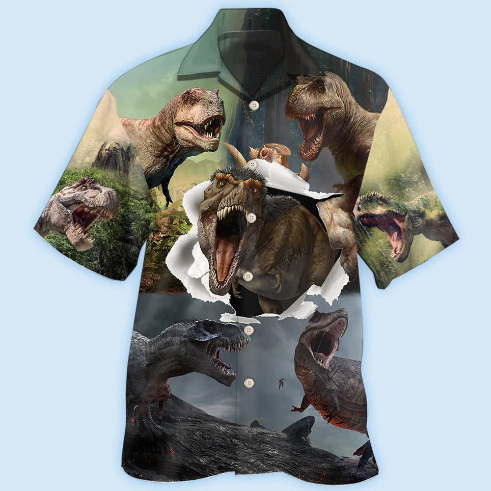 Dinosaur Rex Hawaiian Shirt For Summer Vacation, Beach Travel, And Casual Wear