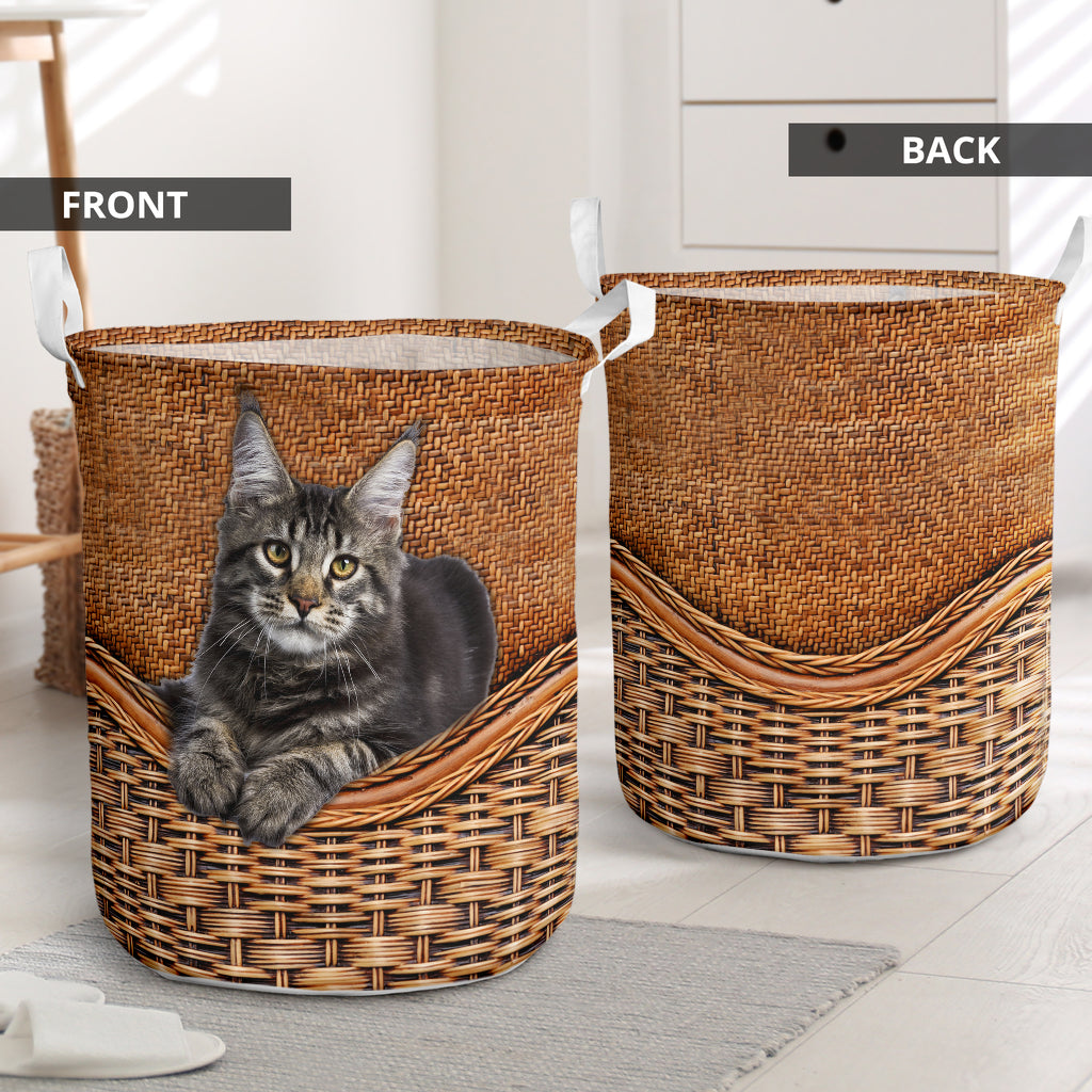 Tabby Cat Rattan Texture Laundry Basket For Room Home Organizer