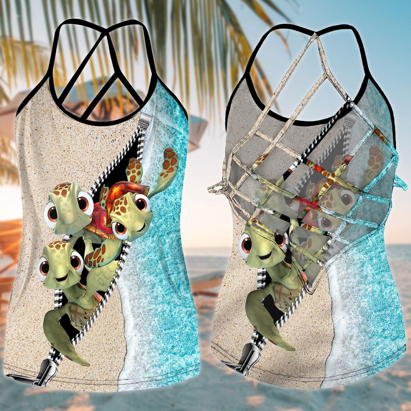 Turtle Loves Beach Ocean Love Hollow Tank Top For Seaside Events And Casual Styling