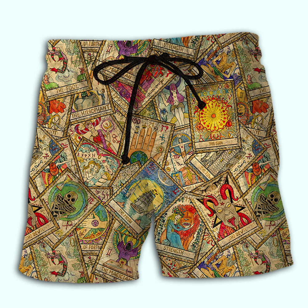Tarot Card Vintage Mystic Beach Shorts Artwork Detail For Casual Warm Weather Outfits
