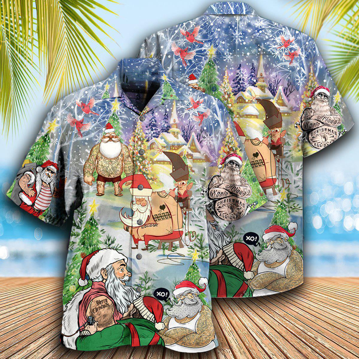 Christmas Tattoo Art Hawaiian Shirt With All Over Print For Beach Vacations Casual Parties And Warm Weather Style