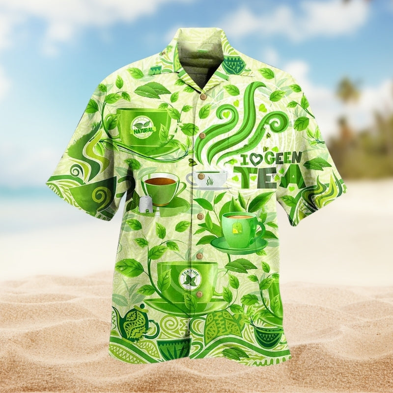 Tea Green Hawaiian Shirt For Resort Trips, Coastal Parties, And Warm Weather Style