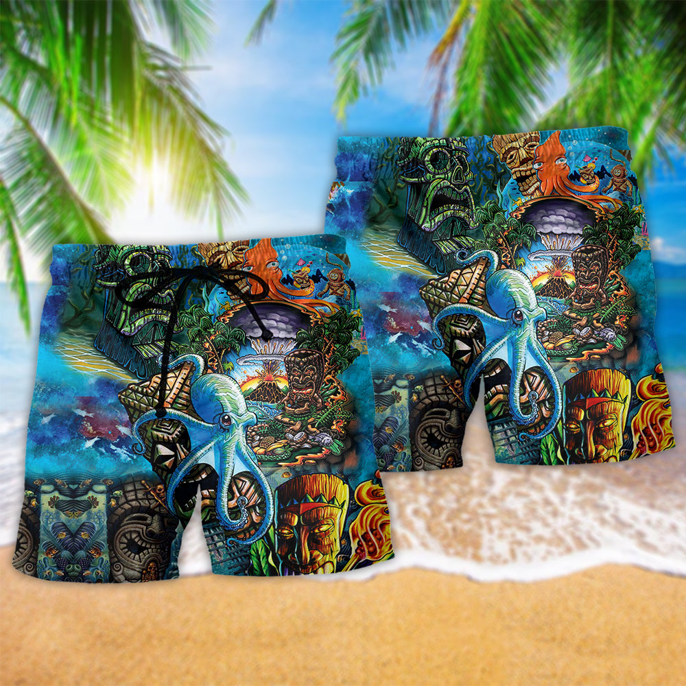 Tiki And Ocean Colorful Hawaiian Print Beach Shorts For Beach Days And Coastal Travel