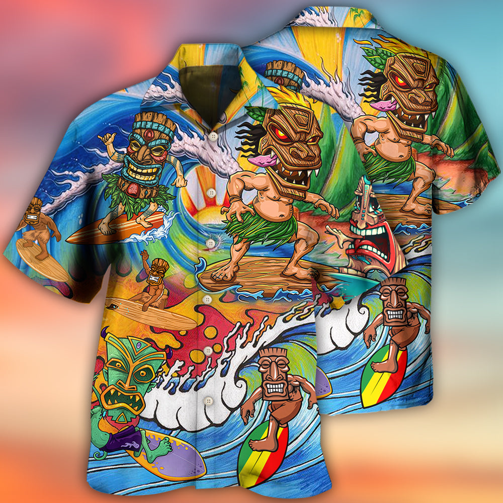 Watercolor Tiki Surfing Pretty Hawaiian Shirt Artwork View For Coastal Escapes And Resort Style