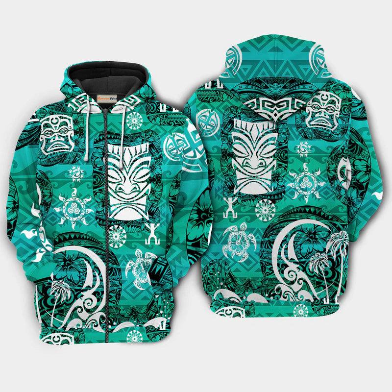 Green Tiki Turtle Hoodie For Beach Trips Weekend Outings And Relaxed Streetwear