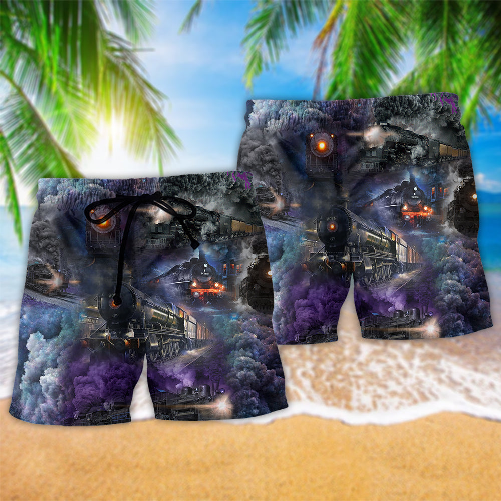 Train Billowing Smoke Lover Beach Shorts Artwork Detail For Casual Warm Weather Outfits