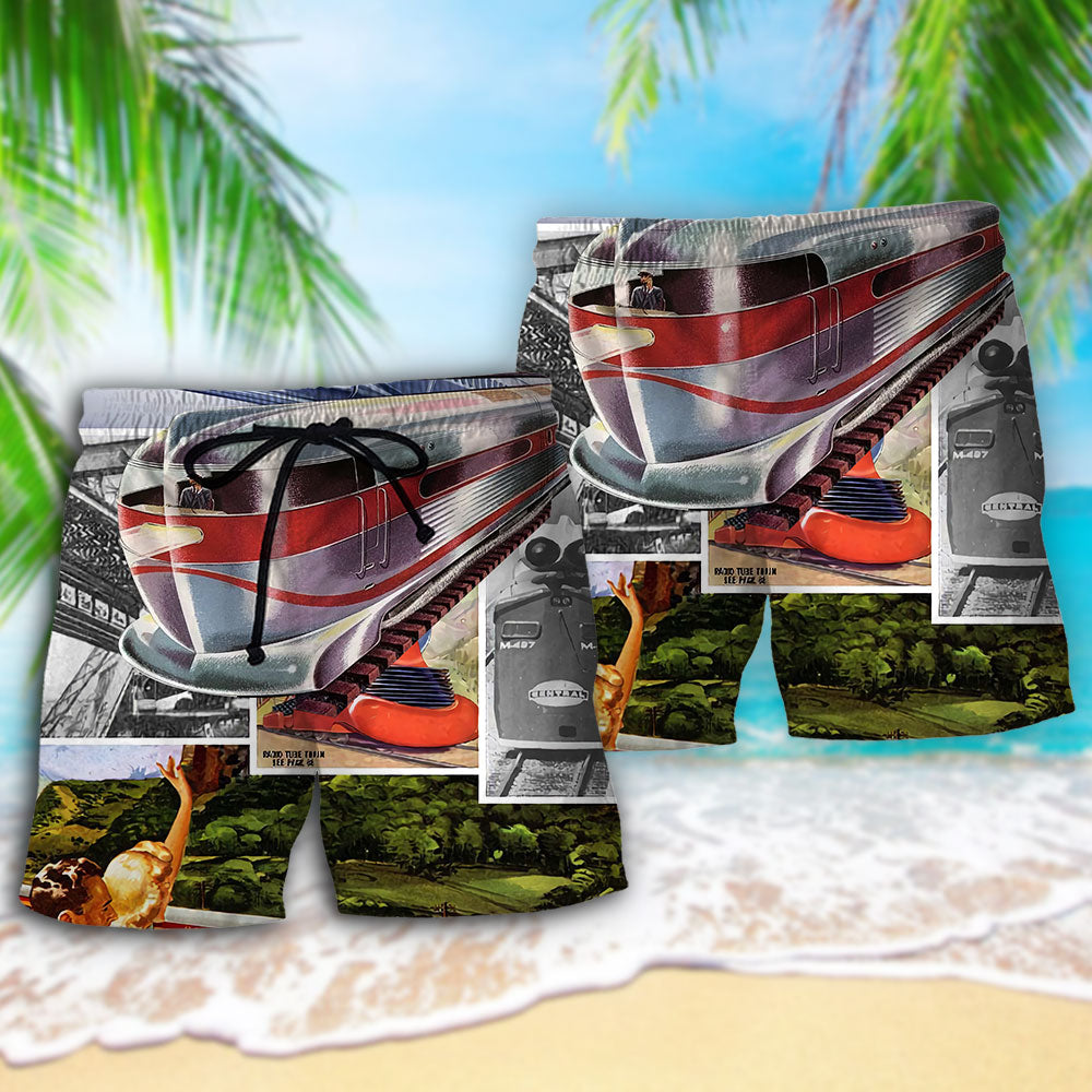 Retro Train Beach Shorts Pattern Detail For Poolside Fun And Laid Back Styling