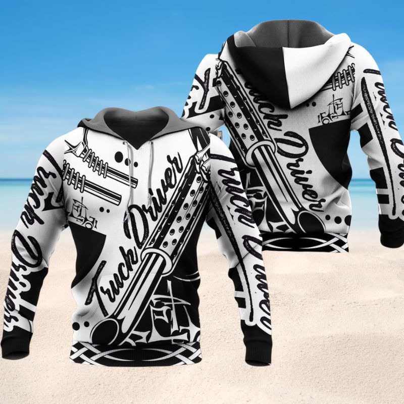 Black White Truck Driver Simple Hoodie For Automotive Fans Seasonal Travel And Casual Streetwear