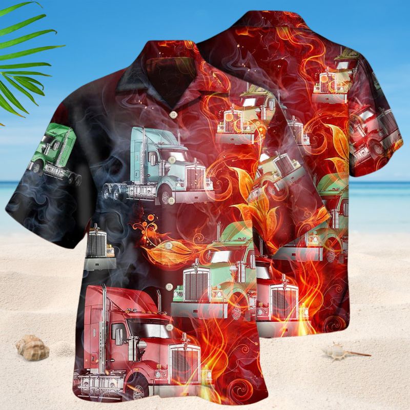 Truck Racing Fire Hawaiian Shirt For Racing Fans, Summer Outings, And Relaxed Vacation Wear