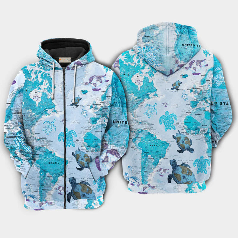 Turtle Awesome Map Hoodie For Ocean Lovers Beach Travel And Relaxed Everyday Style