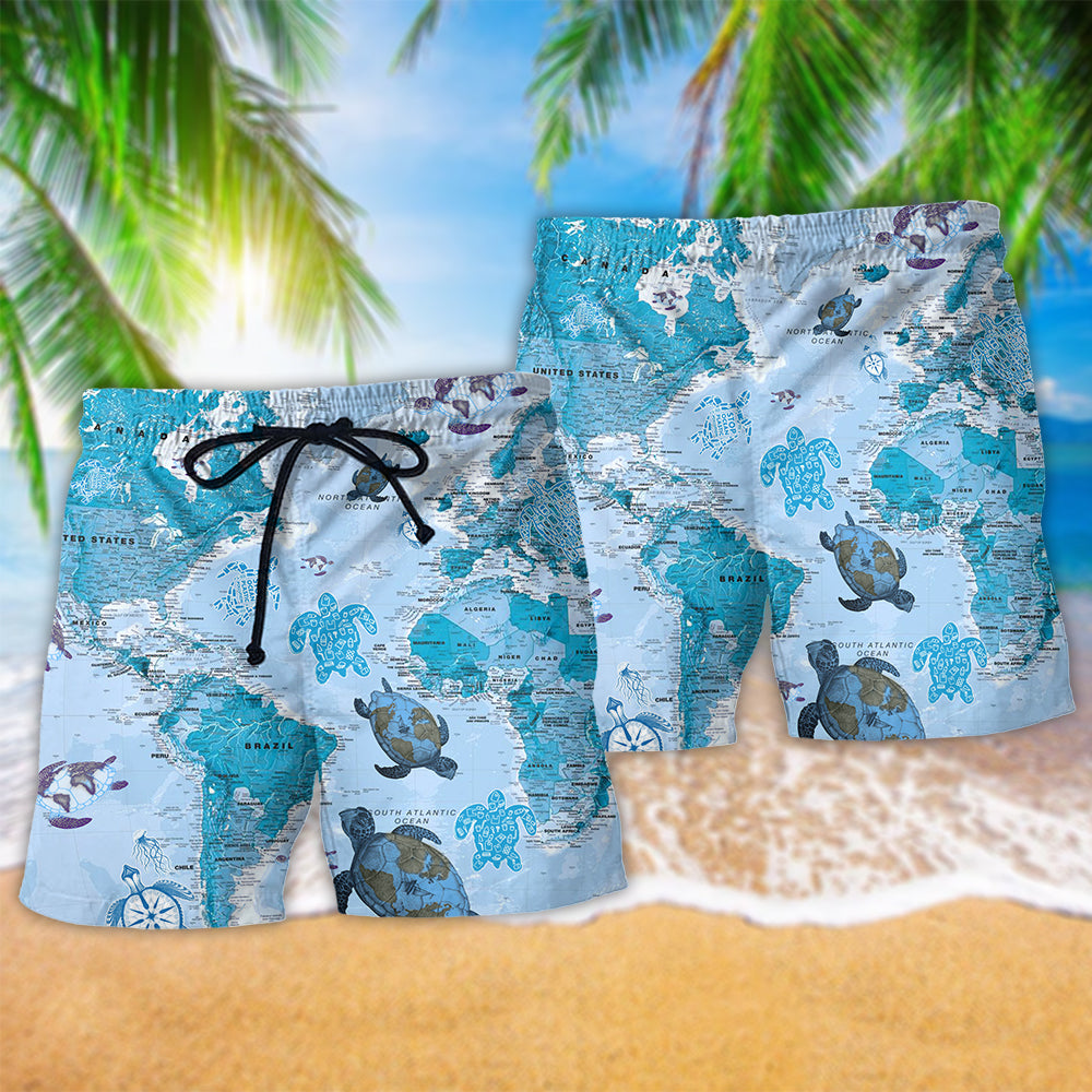 Turtle So Awesome Map Hawaiian Print Beach Shorts For Marine Inspired Outdoor Wear