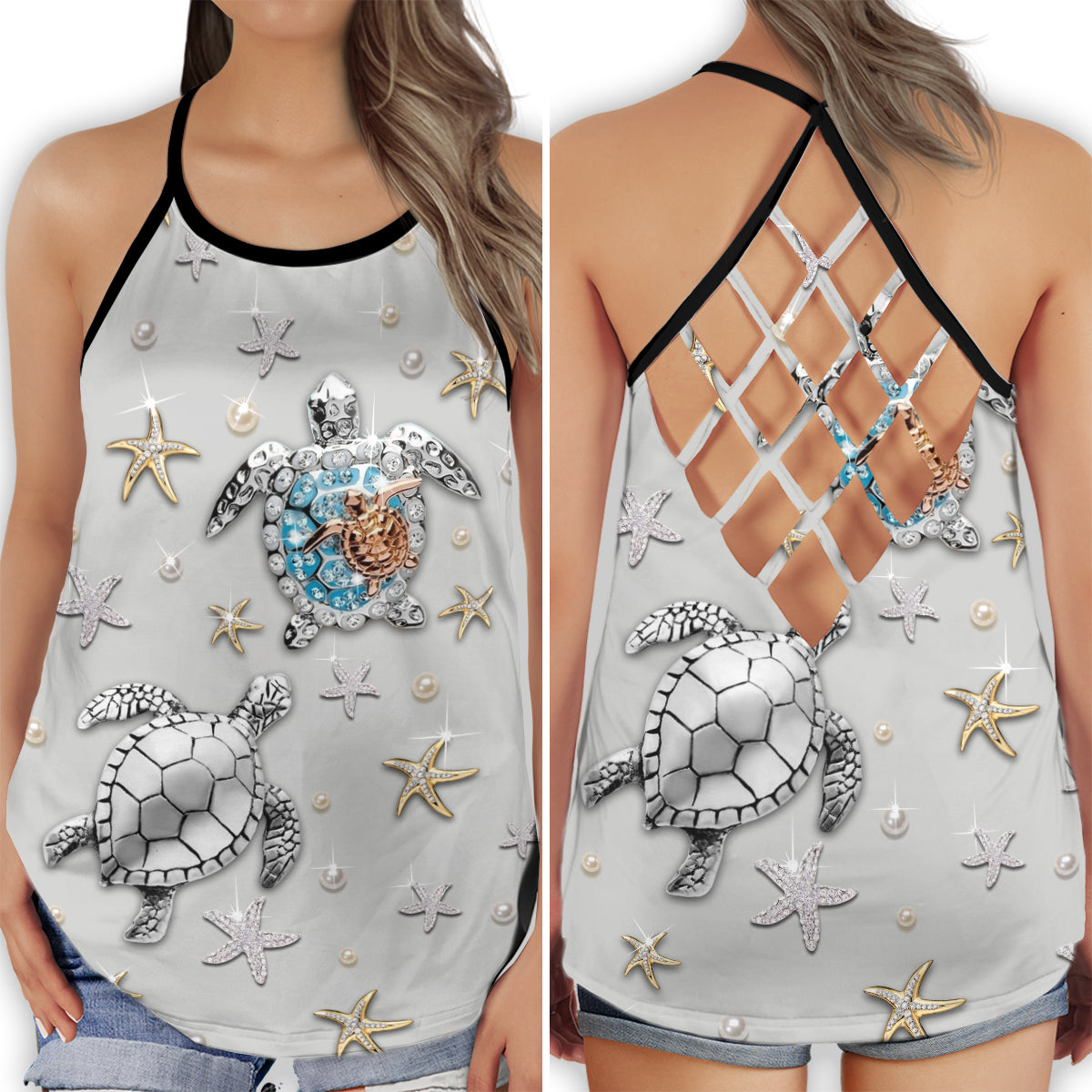 Turtle Starfish Ocean Treasure Hollow Tank Top For Beach Vacations And Casual Wear