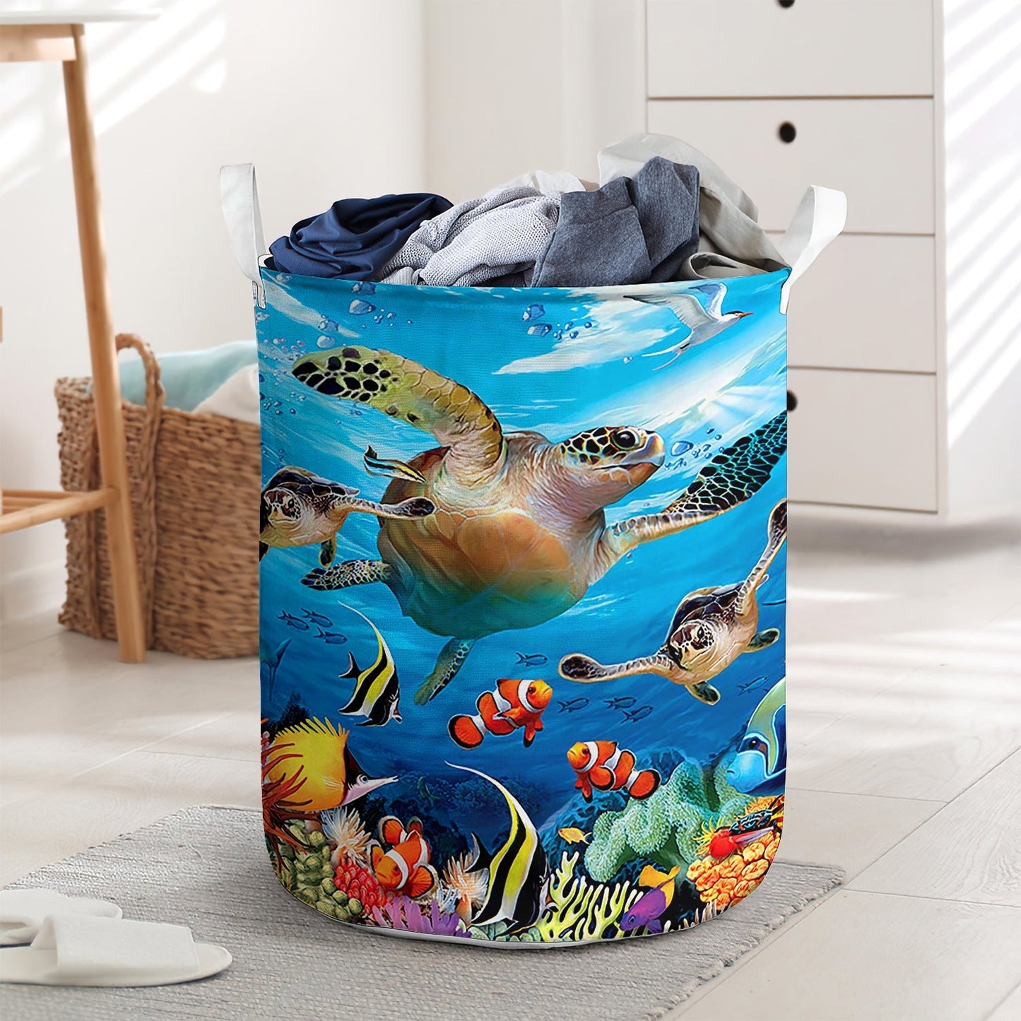 Turtle Undersea Blue Ocean Laundry Basket For Bathroom Bedroom Storage
