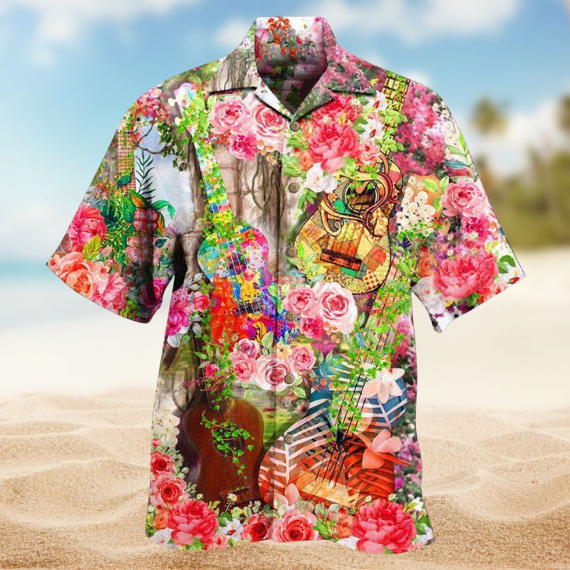 Ukulele Rose Garden Hawaiian Shirt For Summer Vacation, Beach Travel, And Casual Wear