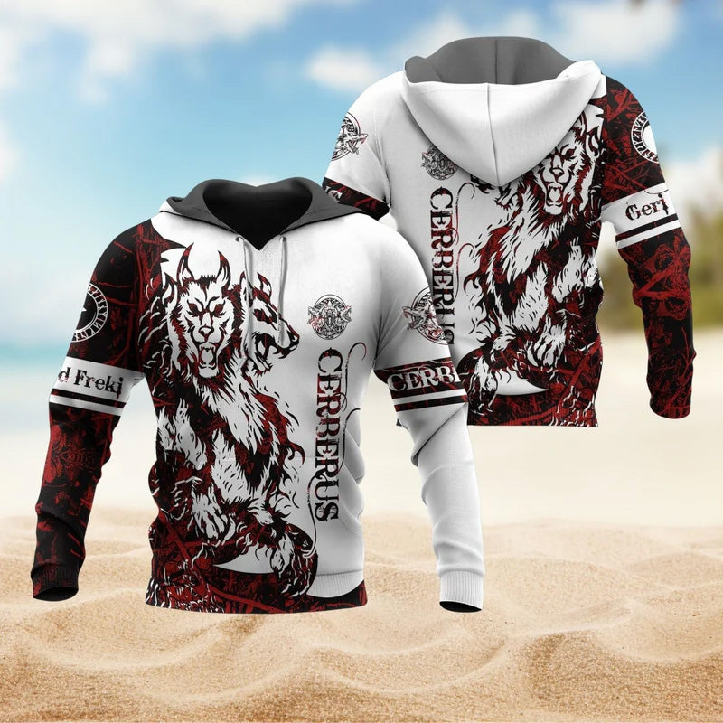 Red White Viking Cerberus Legend Hoodie For Bold Streetwear Outdoor Trips And Mythology Enthusiasts