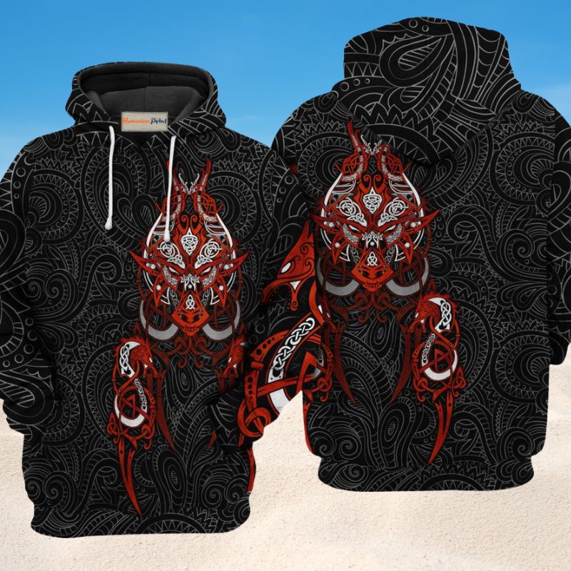 Red Viking Victory Symbol Hoodie For Bold Streetwear Outdoor Trips And Mythology Enthusiasts