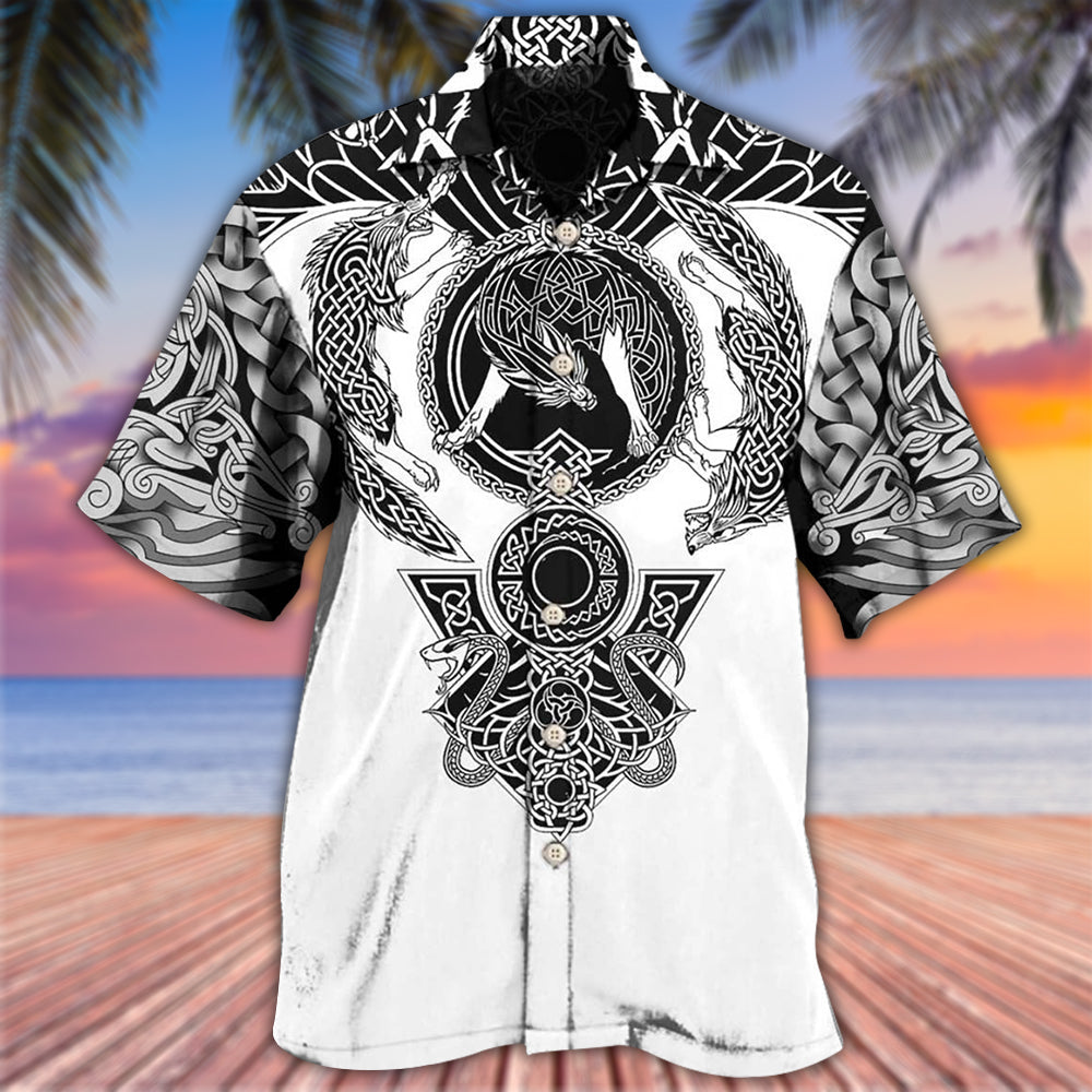 Black White Norse Warrior Blood Hawaiian Shirt Pattern Detail For Vacation Travel And Daily Wear